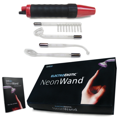 The Red and Black Neon Wand is the the latest version of the award winning Neon Wand Electrosex kit a device which creates an electrical discharge across the surface of the skin. The electricity produces sensation over a broad range from pleasurably warm tingling to a more intense focused sensation that some find painful. The level sensation created by the wand can be controlled both by a multi-level intenisity dial on the wand itself and also by which electrode you choose to use. The Neon Kit comes with 4 different glass attachments - Electrode comb Mushroom tube 90 degree Probe Tongue Tube - that will be a thrill to experiment with. The kit color refers to the color of the light glowing in the glass electrodes.  Can be used up to 25-30 minutes at a time