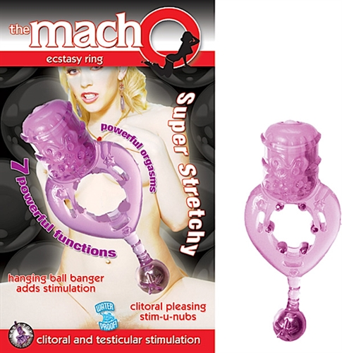 Super stretchy vibrating cockring. Nubby vibrating clitoral ticklers. Hanging ball banger adds stimulation.