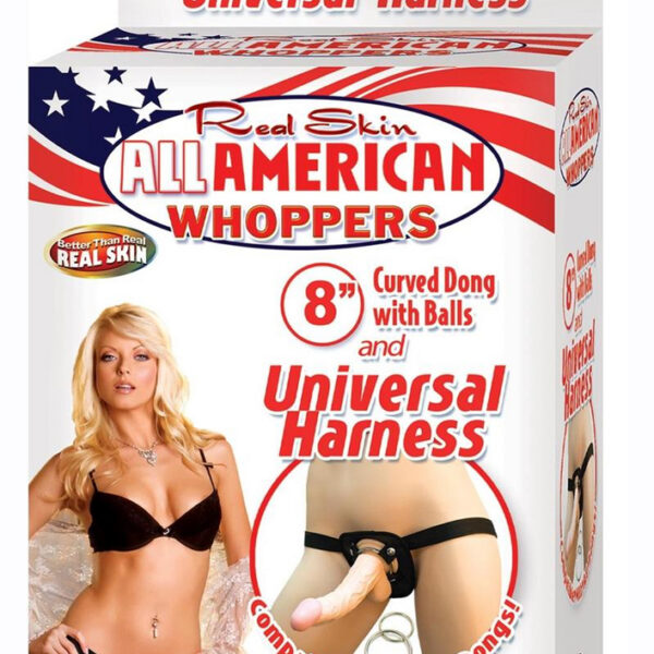 Realistic 8-inch curved dong with a universal strap on harness. Super flexible dong with balls feels so good you will think its the real thing. Adjustable for a custom fit with 4-snaps secure design. Two ring sizes. included.