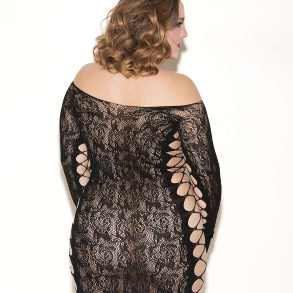 Floral Lace Long Sleeve Chemise - Queen Size -  Black