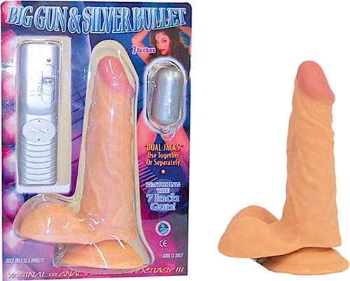 Incredibly realistic vibrating fat 7inch veined penis  with pigmented head and suction cup base. Multi-speed dual power jack and powerful bullet. AA batteries not included.