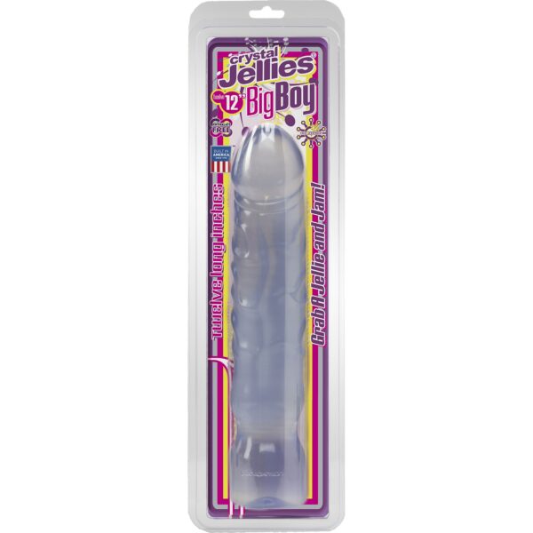 Measuring 11.5 inches of insertable length with a thick body and big realistic head. The life like shape with a slight natural curve and thick raised veins for stimulation. Flexible clear rubber jelly gives you lots of work with in terms of positioning but firm enough to satisfy once its in place.