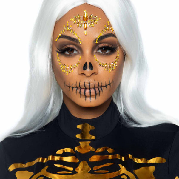 Sugar Skull Adhesive Face Jewels Sticker - Gold