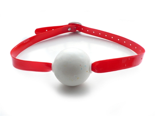 This new improved version of the Patent Pending Jawbreaker Gag is simpler and more colorful that its leather predecessor. Rather than a metal and leather straps. This gag consists of the PVC strap threaded through a plastic tube directly through the candy.