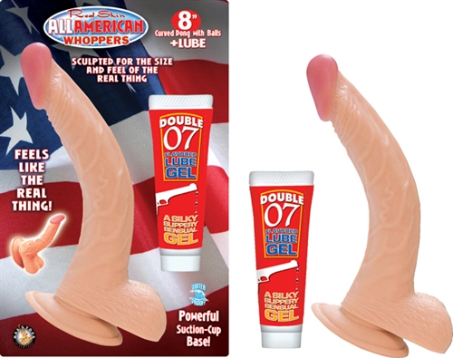 Real skin 8-inch fexible dong with balls. Power suction-cup base and harness compatible. 2 oz. flavored lube included.