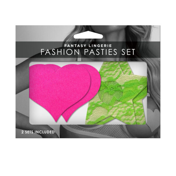 Fashion Pasties Set - Neon Pink Satin Heart and  Neon Green Lace Star