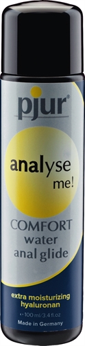 The water-based lubricant with a comfortable lubricating effect especially for intense anal sex. The addition of valuable hyaluronic acid featuring moisturizing properties forms small water cushions to support the lubricating effect. Pjur Analyse Me comfort water anal glide is taste-and odorless condom safe and is characterized by  an exceptionally long-lasting lubricating effect without getting sticky.