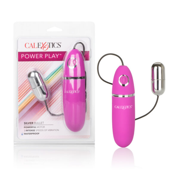 The incredibly powerful Power Play Silver Bullet features 3 intense speeds. An e rgonomically curved controller with easy push-button control allow you to jump right into your fantasies. ABS with PU Cote and Silver Plating gives a silky sm ooth satin finish.