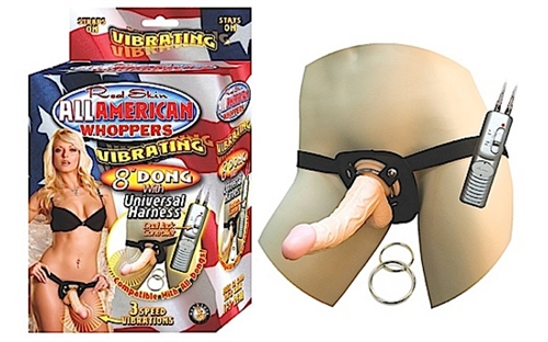 This realistic skin 8" vibrating curved dong with balls comes complete with a universal strap-on harness. The adjustable straps allow for a custom fit