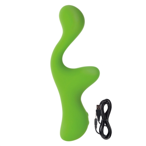 Dual motor silicone massager. Intensely powerful dual motors. 5 functions of vibration pulsation and escalation plus independent incremental speed controls. Rechargeable Lithium Ion battery. Complete charge in 2.5 hours. Unscented non-porous hypoallergenic. Virtually seamless Satin Finish Silicone. Auto on and off button with LED indicator light. Security travel lock function. Whisper quiet. 100 percent waterproof. Easy-to-clean. Universal USB cord included.