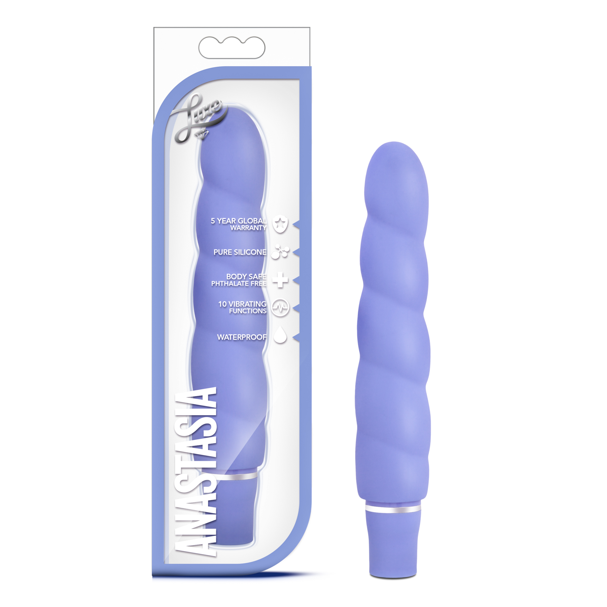 Anatasia's seductive shape embodies the spirit of Blush Novelties Luxe Line. Gorgeous to behold and sensuous to the touch with a smooth satin finish Anatasia stands 6.5 inches with 5.5 inches of accessible play. Set in motion her duet of push button vibrations with 1 AA battery. Made of Anastasia has a waterproof motor to ensure safe shower play. Now with 10 vibrat ing functions!