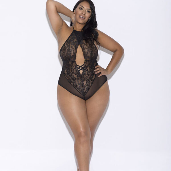 Lace and Mesh Halter Teddy - Queen Size - Black