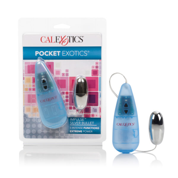 The sleek and ultra-discreet Pocket Exotics Impulse Silver Bullet is a powerful  personal massager with multi-function benefits. The bullet shaped stimulator   has EZ touch control for ease of use