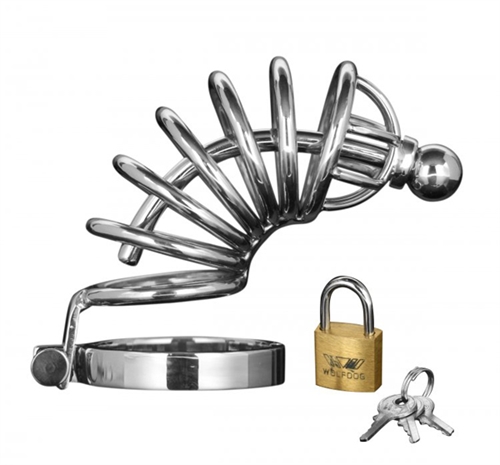 They will be compliant and under control while wearing the devious chastity cage. Stainless steel and featuring a curved spine with closure rings and a ring behind the testicles then lock him up with the enclosed lock and key set. You decide when he is free... <br><br> Set includes: <br>  1 six ring cock cage <br>  1 base ring <br>  1 removable plug <br>  1 comfort hinge tube . The stainless steel <br>  1 lock 3 keys <br><br> Material is non-porous