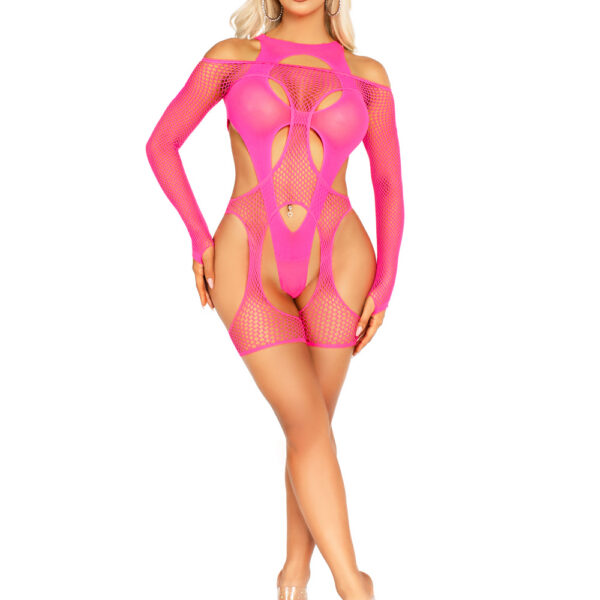 2 Pc Fishnet Garter Harness and Opaque Cut-Out Teddy O/s - Neon Pink