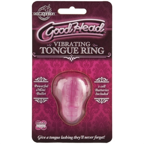 Show em what goo head really means... Your partner will never look at you the same way after you use this sexy toy. Just slip on the one-size-fits-all disposable vibrating tongue ring and watch as their ecstasy soars to new heights while lick nibble and suck. The pink jelly material flexes with the movement of your tongue and it is made of body safe non-phthalate TPE material. Two cell batteries included. Go ahead- give a tongue lashing they will never forget.