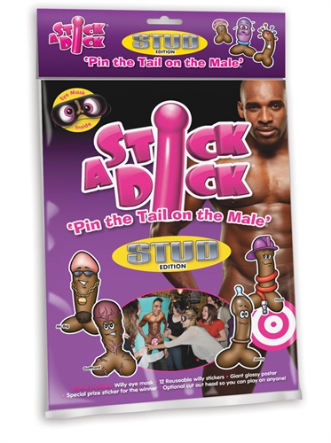 Stick-a-Dick is a parody of the reowned pin the tail of the donkey - only this the object is a little more intimate than a tail. Unfold your man poster pin him up on a door then pick your dick to stick. Choose from one of twelve hilariously named appendages turn around three times wearing your will willy eye mask take aim and fire.