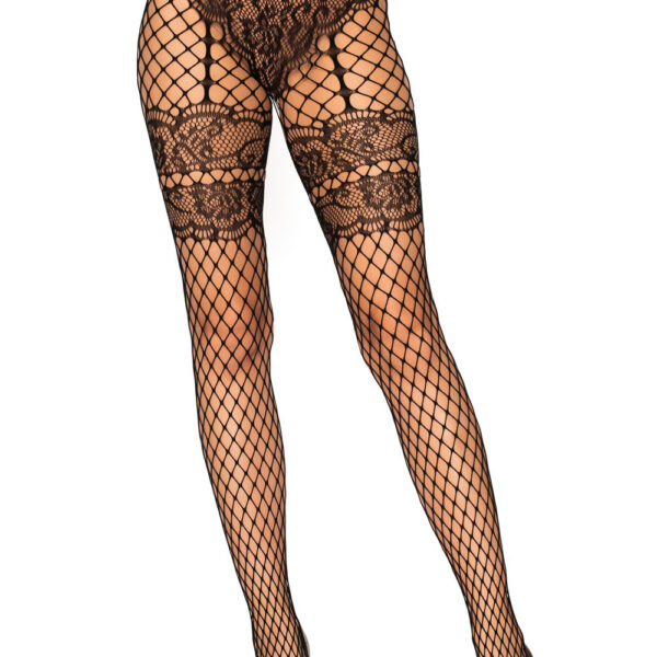 Lace French Cut Faux Garter Net Tights - One Size Black