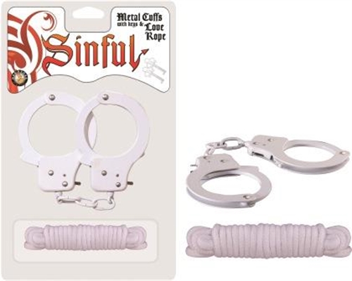This Sinful set is comprised of iron cuffs with keys and soft cotton rope. Rope length is 118.11"