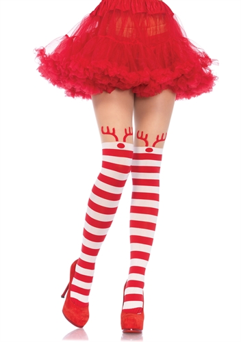 Sheer pantyhose with red and white striped thigh high accent and reindeer ear accent top. One sizes fits most (90-160 lbs) <br><br> Boxed Item