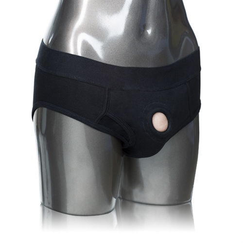 Discreet 2-panel design to accommodate dual penetration. or probes. Soft stretchy and comfortable. Comfortable soft lining. Internal strap to secure your packer in place. Internal pockets to add a favorite stimulator. <br> Large / XLarge: 38-42 inch