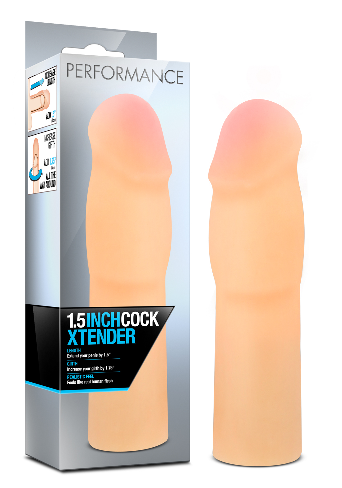 Engineered using our proprietary Sensa Feel technology our 1.5-inch Cock Xtender extends your penis by 1.5 inches and increases your girth. Your partner will love the new you. Sensa Feel was developed to mimic the feel of the human body. Sensa Feel warms to body temperature and had just the right amount of give. Stretch the 1.5 inch Cock Xtender over your erect penis. Enter your partner. Enjoy..