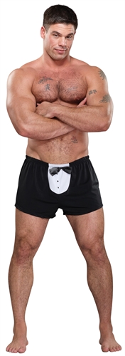 Novelty Tuxedo boxer features tuxedo front with decorative faux buttons and bow and plush elastic waistband.
