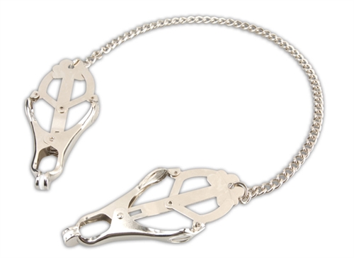 Push your erotic experience to new extremes with the Nipple Clips. Hypoallergenic medical-grade steel keeps you safe as you adjust the clamps to pinch your plump nipples to your precise threshold of erotic stimulation. <br><br> MEASUREMENTS: <br>  Length: 20" (50.8 cm)
