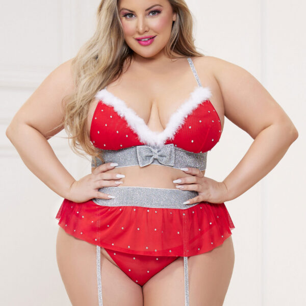 3 Pc Rhinestone Stud Bra With Marabou Trim and  Garter Belt With Mesh Thong - Queen - Red