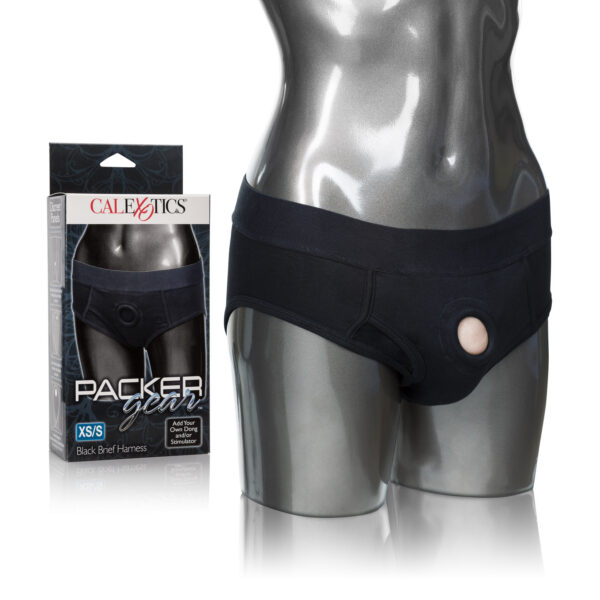 Discreet 2-panel design to accommodate dual penetration. or probes. Soft stretchy and comfortable. Comfortable soft lining. Internal strap to secure your packer in place. Internal pockets to add a favorite stimulator. <br> XSmall / Small: 28-32 inch