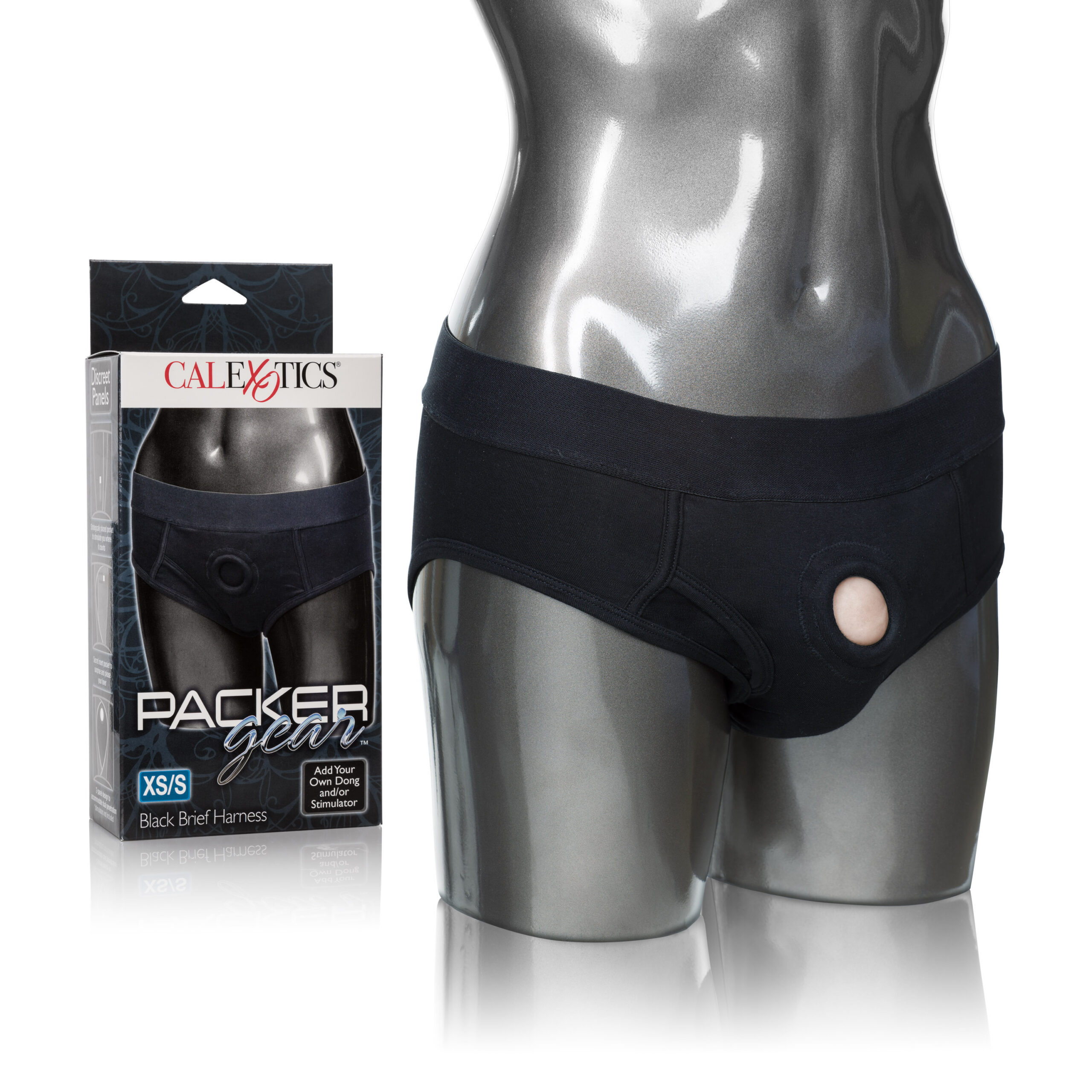 Discreet 2-panel design to accommodate dual penetration. or probes. Soft stretchy and comfortable. Comfortable soft lining. Internal strap to secure your packer in place. Internal pockets to add a favorite stimulator. XSmall / Small: 28-32 inch
