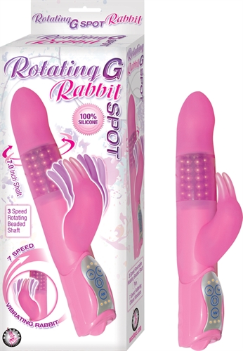 Rotating G-spot Rabbit is 100 percent silicone. 3 speed reversible rotating beaded shaft. 7 Speed variable vibrating rabbit ears. EZ to use controller.