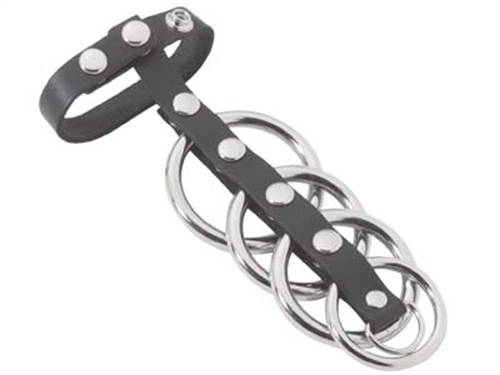 Metal cock rings. The large ring has an inner width of 2 inches and fits around the scrotum or the penis alone. The middle ring is 1.5 inches wide and the small rings are 1.25 inches wide.