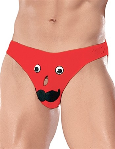 Novelty Mr. Nose bikini features googly eyes circular cutout on pouch  and decorative mustache in front and classic bikini sides and back.