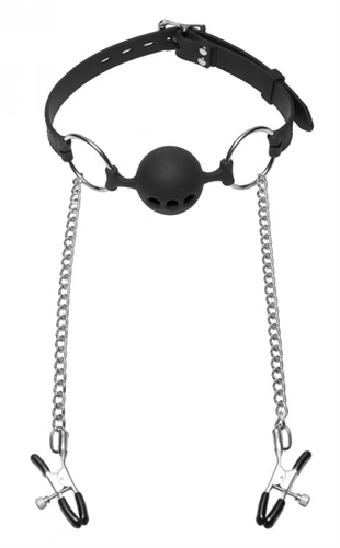This breathable ball gag allows you to restrict the speech of your plaything while still allowing them to breath easily. The smooth premium silicone gag is tasteless and odorless and is large enough to gag them comfortably. The adjustable straps are made from soft pliable premium silicone. The back closes with a standard rolling buckle and offers full adjustment. This devious device is taken up a notch with the addition of two connector chains that feature two adjustable pressure Alligator style nipple clamps. These clamps are great for varied pressure play. The tips are vinyl coated for comfort and adjust with the screw located at the tips. Once these are affixed to the nipples of your plaything you can control just how much pleasure or pressure they deserve. Simply adjust the level of intensity by turning the screw located near the tip of the clamp. It's your domain..