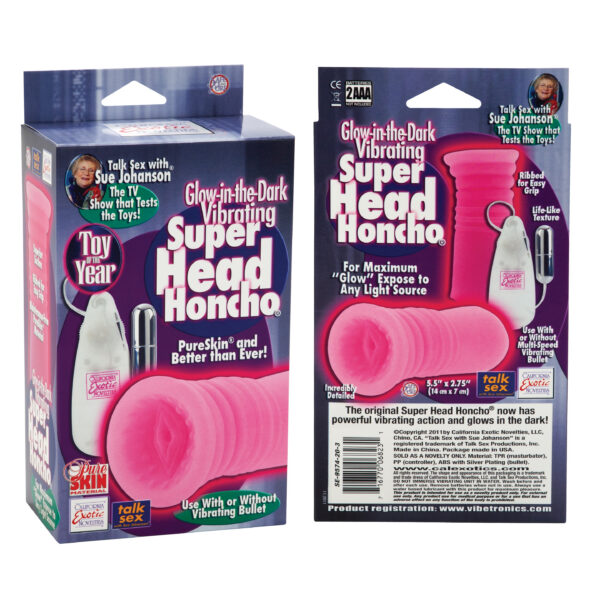 The award winning Head Honcho now vibrates and glows-in-the-dark. Use with or without multi-speed vibrating bullet. Incredibly detailed tight and stretchy stroker with a nubbed inner chamber. Life-like texture superior suction. Ribbed for easy grip use. Expose to any light source for maximum glow.