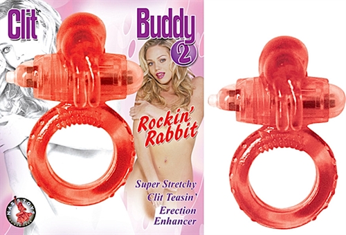 Stretchy jelly cockring with vibrating mini bunny for clitoral stimulation. Batteries included.