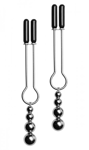 These tweezer style nipple clamps adorn the chest with three graduated silver balls that dangle from the end. The adjustable clamps have a sliding ring that will allow you to modify the amount of pressure that is applied and are coated with vinyl for comfort and a better grip. These beaded  clamps are ideal for beginner or advanced nipple play. With a little  imagination they can also be used on the scrotum penis labia ears or any part of the body you desire...