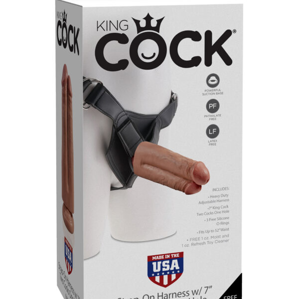 King Cock Strap-on Harness With 7" Two Cocks One Hole - Tan