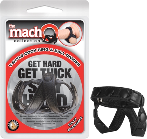 This ball divider cock ring stimulates as it engorges the penis for bigger stronger erections. The V-style ball divider separates and keeps testicles in place for tortuous pleasure. Featuring faux leather construction and matte black snaps this ring is masculine in looks and strong in grip.