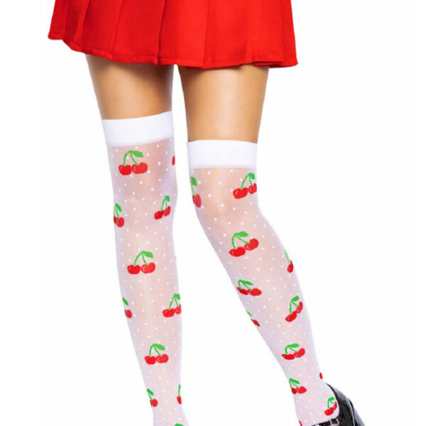 Sheer Polka Dot Cherry Thigh Highs - One Size - White/red