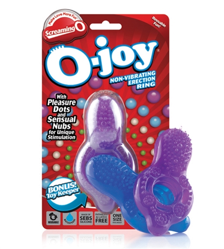 The O-Joy is the first cockring of its kind to offer incredible clitoral contact without vibration that can feel too intense for some. Its firm erection band stretches to fit all sizes and is lined with a series of pleasure dots that massage or vulva with every stroke. The O-Joys erogonomically designed clitoral stimulator features rubby nubbies firm enough for direct clitoral stimulation and a rounded digit divot lets him or her control the fun. Get the erection enhancement he needs and the clitoral stimulation she craves all in one quiet cockring. The only nookie the neighbors can hear are your own.