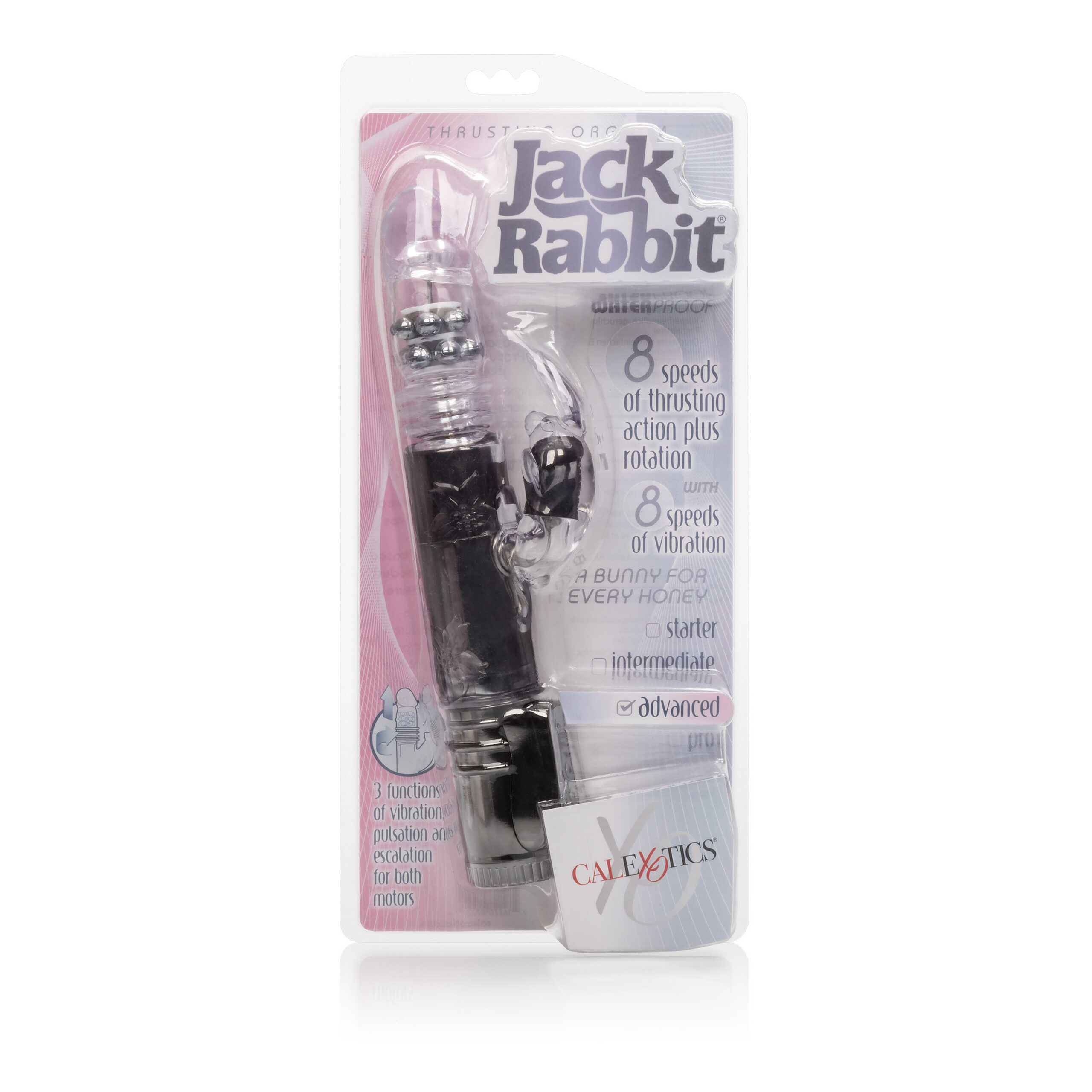independent controls all you to choose from any of the 8 speeds of vibration and 8 speeds of thrusting action. Shaft measures 5.25" x 1.5" (13.25 cm x 2.5 cm) Bunny measures 2.5" x 1" (6.25 cm x 2.5 cm) Three AA batteries are required to let this bunny transport you to a place of incredible ecstasy. Not included.