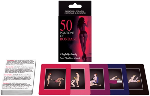 Playfully kinky sex position cards. Use the game cards as flash cards for ideas  of sex positions you can experiment with that incorporate bondage. Or play the  included game where you compete against your lover to build a five card fantasy that includes one of each of five categories of bondage position   challenges. There are 100