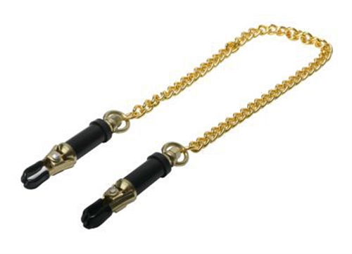 These Deluxe Adjustable Nipple Clamps are a must own for any nipple play enthusiast. These clamps are almost entirely made from solid brass. The tips of these clamps are rubber coated for extra comfort. These clamps are highly adjustable and you can be very stringent with the amount of pain you apply o your partner or sub. These clamps are connected by a 12-inch gold plated chain.