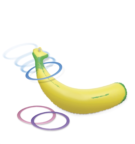 Here are just a couple of game ideas to play with your Inflatable Banana Ring Toss. The rest you can leave up to your imagination. Banana Ring Toss - Player 1 holds the banana between their legs. Player 2 throws the rings onto the banana. Pass the Banana - Best played with a group of people. Without using your hands pass the banana from person to person only using our legs without it touching the floor.