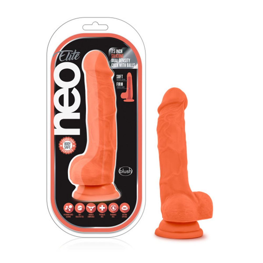 Neo Elite - 7.5 Inch Silicone Dual Density Cock With Balls - Neon Orange