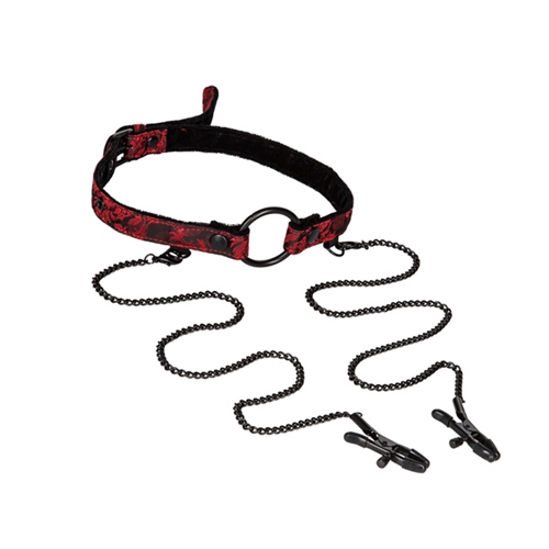 Strap the sexy Scandal Open Mouth Gag with Clamps across your lips and revel in the plushy