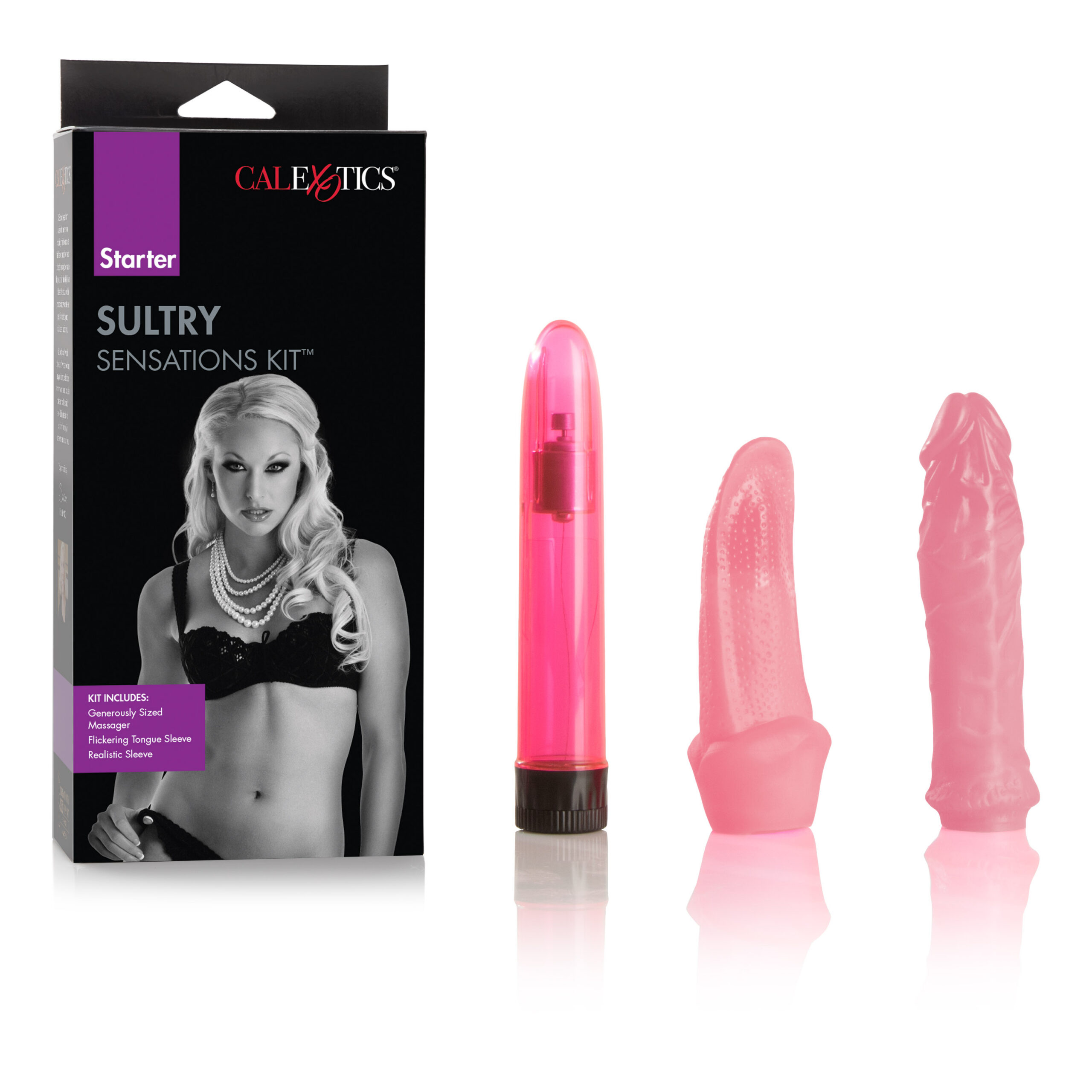 powerful massager. - Multi-speed vibrator - MATERIALS: ABS (massager) Phthalate-Free PVC (sleeves) - 2 C Batteries Required (Not Included) - 6.5 x 1.25/16.5 cm x 3.25 cm (massager) - 6.5 x 1.5/16.5 cm x 2.5 cm (penis sleeve) - 5 x 2/12.75 cm x 5 cm (tongue sleeve)