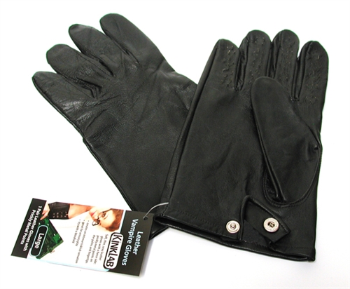 Thin leather gloves with prickly metal points on palms and finger tips. Size large